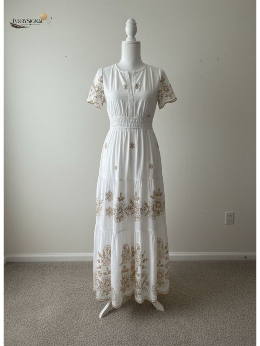 Womens Floral Maxi Dress 100% Cotton Boho V Neck Short Sleeve Tiered